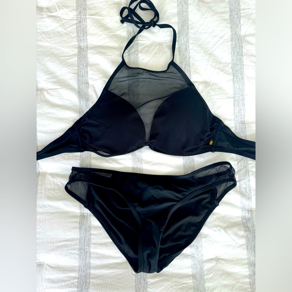 La Vie en Rose aqua collection mesh halter bikini with padded inserts.